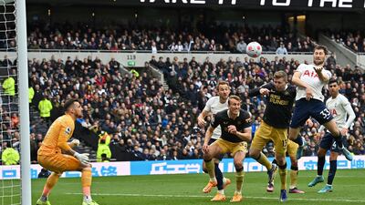 Toittenham's Ben Davies heads past goalkeeper Martin Dubravka to level. AFP
