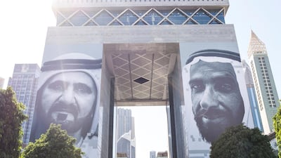 The UAE's leaders have laid the foundations for a strong future. The portraits of the UAE's founder Sheikh Zayed bin Sultan Al Nahyan and Sheikh Mohammed bin Rashid Al Maktoum, Vice President and Ruler of Dubai, can be seen on DIFC's Gate Building / Reem Mohammed/The National)