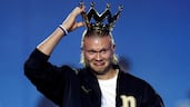 Manchester City striker Erling Haaland celebrates with the Premier League trophy after the victory parade. Reuters