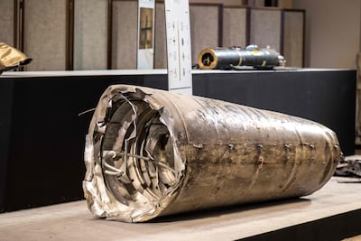 Pieces of missiles and drones recovered after Iran’s strikes are displayed during a press briefing by the UAE government held in Abu Dhabi on March 3. AFP