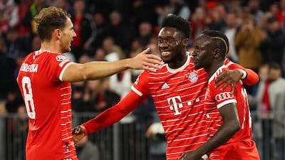 Sadio Mane celebrates with Alphonso Davies and Leon Goretzka after scoring the third goal against Viktoria Plzen. Getty