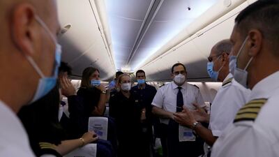 Flight crew hold a meeting before the historic flight. Reuters