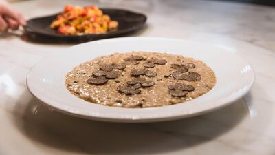 Main Course: Risotto Bosco: wild forest mushroom risotto in Parmesan wheel; Dh30 from Roberto’s