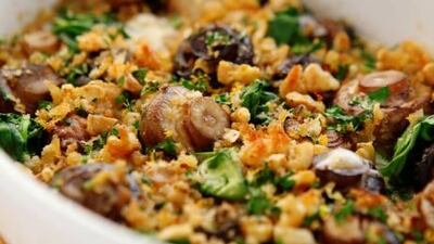 Baked garlic mushrooms with spinach, Gorgonzola and walnut breadcrumbs. Antonie Robertson / The National