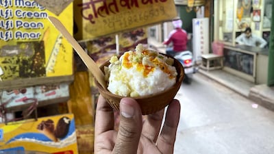 Daulat ki chaat is made with milk, cream, sugar, saffron and dried fruit. Photo by Rakesh Kumar