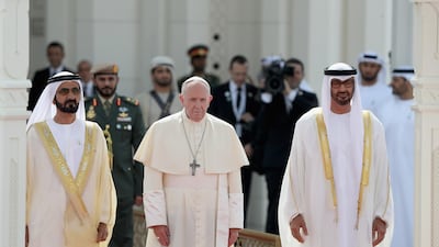Left to right: Sheikh Mohammad bin Rashid, Vice President and Ruler of Dubai, Pope Francis and Sheikh Mohamed bin Zayed at the Presidential Palace on February 4, 2019. Getty Images