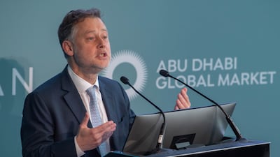 Pierre-Etienne Franc, chief executive of Hy24, delivers his opening remarks at the Abu Dhabi Hydrogen Investment Forum. Ryan Lim / The National