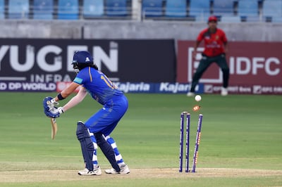 UAE captain Esha Oza loses her wicket as the national team could only score 69-9 in reply to Bangladesh. Chris Whiteoak / The National