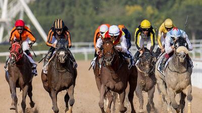 Antonio Fresu on Lake Causeway, far right, claims the first of his three winners at Meydan on Sunday, February 19, 2023. Adiyat Racing Plus