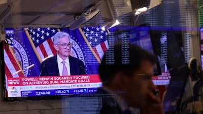 A screen on the trading floor at the New York Stock Exchange shows Federal Reserve chairman Jerome Powell. Reuters