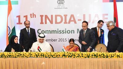 Sheikh Abdullah with Ms Swaraj at the UAE-India Joint Commission meeting. Wam