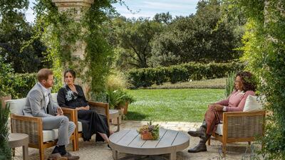 The Duke and Duchess of Sussex were interviewed Oprah Winfrey in California for TV special, 'Oprah with Meghan and Harry'. AP Photo