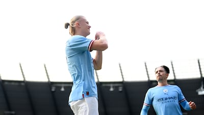 Erling Haaland after scoring his second goal at the Etihad Stadium on Saturday. Getty