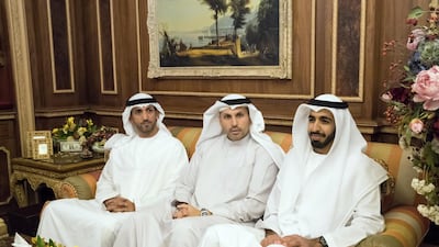 Riyadh, 2017: Sheikh Shakhbout bin Nahyan, Khaldoon Al Mubarak, chief executive and managing director of Mubadala Investment Company, and Mohamed Al Mazrouei, Undersecretary of the Crown Prince Court of Abu Dhabi at Arqa Palace. Hamad Al Kaabi / Crown Prince Court - Abu Dhabi