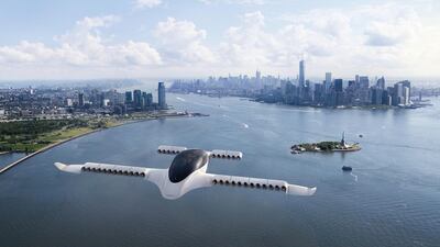 A rendering of a Lilium air taxi flying into New York