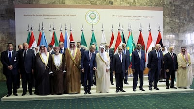 Ministers pose for a group photo on the sidelines of a preparatory meeting of Arab Foreign Ministers ahead of the 29th Summit of the Arab League in Riyadh, Saudi Arabia. Ahmed Yosri / EPA
