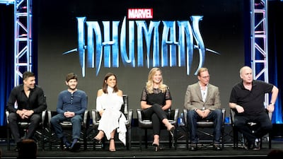 Anson Mount, from left, Iwan Rheon, Serinda Swan, Ellen Woglom, Scott Buck and Jeph Loeb participate in the Marvel Inhumans panel during the Disney ABC Television Critics Association Summer Press Tour. AP