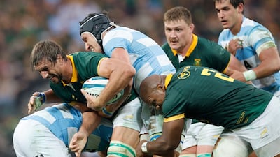Argentina's Tomas Lavanini tackles South Africa's Eben Etzebeth during the Rugby Championship match at Mbombela Stadium in Mbombela on September 28, 2024. AFP