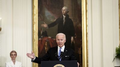 Mr Biden speaks to a packed East Room in the White House. UPI / Bloomberg