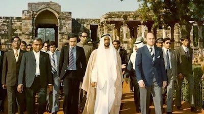 Dr Nabil Fath Al Bab, front right, was hired by Sheikh Zayed, centre, when he was working for Anwar Sadat in Cairo in 1971. Photo courtesy Nabil Fath Al Bab
