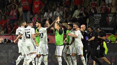 Rodrygo celebrates with teammates scoring Real Madrid's second goal in the Copa del Rey final. AFP