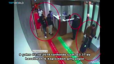 Turkish media has published images from Ataturk International Airport in Istanbul of a Saudi delegation arriving on Oct. 2, 2018. AP