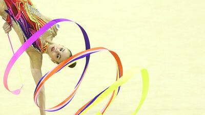 Anastasiia Salos of Belarus competes at the European Rhythmic Gymnastics Championships in Varna, Bulgaria. Reuters