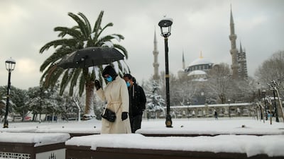 Sultan Ahmed Mosque, also known as the Blue Mosque, was covered in snow. AP