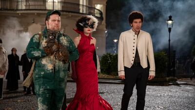 Emma Stone and Joel Fry in a scene from 'Cruella'. It's up for two awards, including Best Makeup and Hairstyling. Disney via AP