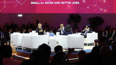 IMF managing director Kristalina Georgieva, left, speaks as Singapore's President Tharman Shanmugaratnam, centre, and World Bank president Ajay Banga look on during the IMF and World Bank annual meetings in Bangkok, on Monday. Reuters