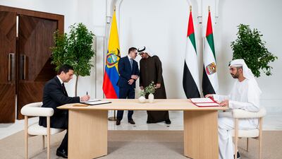 Sheikh Mohamed and Mr Noboa witness the signing of a deal by Omar Al Olama, Minister of State for AI, Digital Economy and Remote Work Applications, and Roberto Carlos Kury Pesantes, Ecuador's Minister of Telecommunications and Information Society