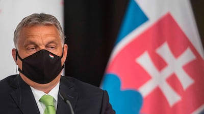 Hungary's Prime Minister Viktor Orban addresses a joint press conference following the Visegrad Group (V4) meeting in Lednice, Czech Republic. AFP