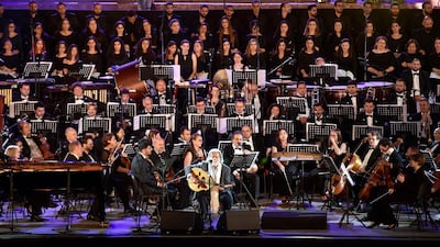 Lebanese Oud musician and singer Marcel Khalife (C) performs at the opening night of the annual Baalbeck International Festival (BIF) in Baalbeck, Beqaa Valley, Lebanon, 05 July 2019. The festival runs from 05 July to 03 August 2019. Photo: EPA