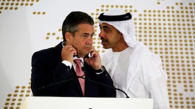 Sheikh Abdullah bin Zayed and Sigmar Gabriel spoke about the challenges the Middle East faces as they met in Abu Dhabi on Wednesday. Jon Gambrell / AP