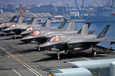 Royal Navy F-35B aircraft are parked on the deck of ‘HMS Queen Elizabeth’ in the port city of Limassol in Cyprus. AFP