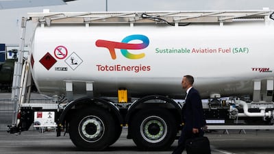 A Total tanker vehicle with sustainable aviation fuel. SAF is currently six times more expensive than fossil alternatives and two UK airline bosses have called on the government to take on some of the price risk. Reuters
