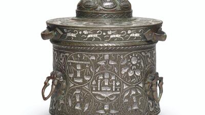 This Khurasan silver-inlaid bronze inkwell, circa 1200, brought £277,200. Courtesy Sotheby’s