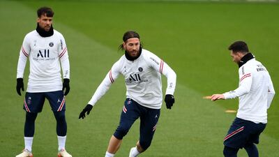 Paris Saint-Germain's Spanish defender Sergio Ramos, centre, could make his long-awaited first appearance in Wednesday's Champions League match against Manchester City. AFP