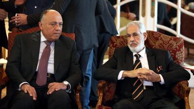 The Egyptian foreign minister Sameh Shoukry, left, and foreign minister Mohamed Siala of the UN-backed Libyan unity government at a meeting in Cairo on January 21, 2017 to discuss ways to end for the turmoil in Libya. Khaled Elfiqi / EPA