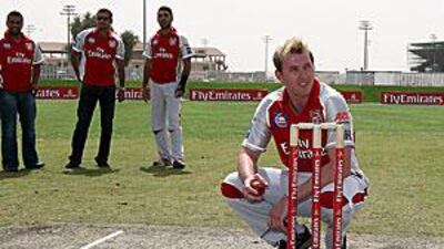 Brett Lee surveys the new cricket ground at The Sevens in Dubai yesterday.