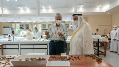 Dr Sabah Aboud Jasim, director general of the Sharjah Archaeology Authority (SAA) showed Sheikh Dr Sultan the many recent discoveries.
