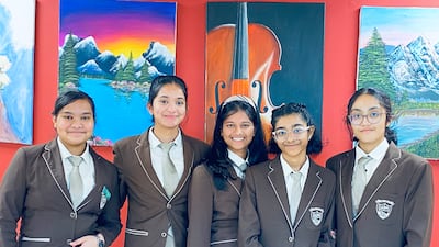 From left to right, Nischala Doddamani, Elvina Edison, Trisha Banerjee, Gayathri Vinod and Unnimaya Muraledharan, from Gems Our Own English School – Dubai, have created a slow-release fertiliser. Photo: Gems Our Own English School