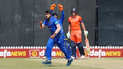 UAE's Aayan Khan picked up three wickets against the Netherlands. Photo: ICC/ECB