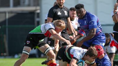Ben Sapwell-West of Abu Dhabi Harlequins in action against Jebel Ali Dragons. Victor Besa / The National