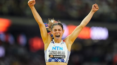 Auriana Lazraq-Khlass of France celebrates after finishing the heptathlon 200 metres at the World Athletics Championships in Budapest. AP Photo