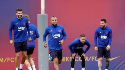 Barcelona's players attend a training session at the Joan Gamper sports facilities in Barcelona. EPA