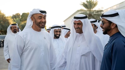 Sheikh Mohamed bin Zayed, Crown Prince of Abu Dhabi and Deputy Supreme Commander of the UAE Armed Forces, left, receives Sheikh Hamad bin Mohamed Al Sharqi, UAE Supreme Council member and Ruler of Fujairah, centre, during a Sea Palace barza. Seen with Sheikh Hamdan bin Zayed Al Nahyan, Ruler’s Representative in Al Dhafra Region, right. Ryan Carter / Ministry of Presidential Affairs