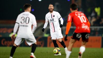 Sergio Ramos in action for PSG before his sending off against Lorient. Reuters
