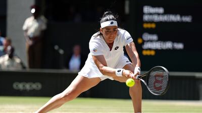Ons Jabeur in action against Elena Rybakina. PA