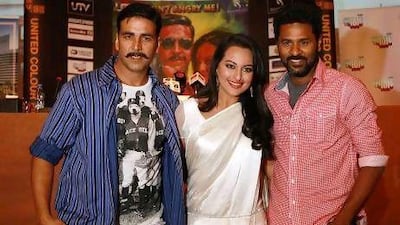 Rowdy Rathore stars, from left, Akshay Kumar and Sonakshi Sinha with the movie director Prabhu Deva promote the film in Dubai. Satish Kumar / The National